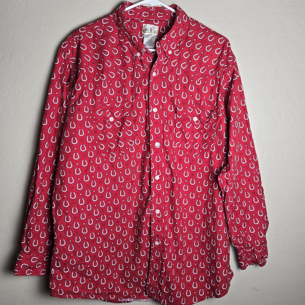 Express Rider Mens XL Red Horseshoe Western Cowboy Button Down Long Sleeve Shirt